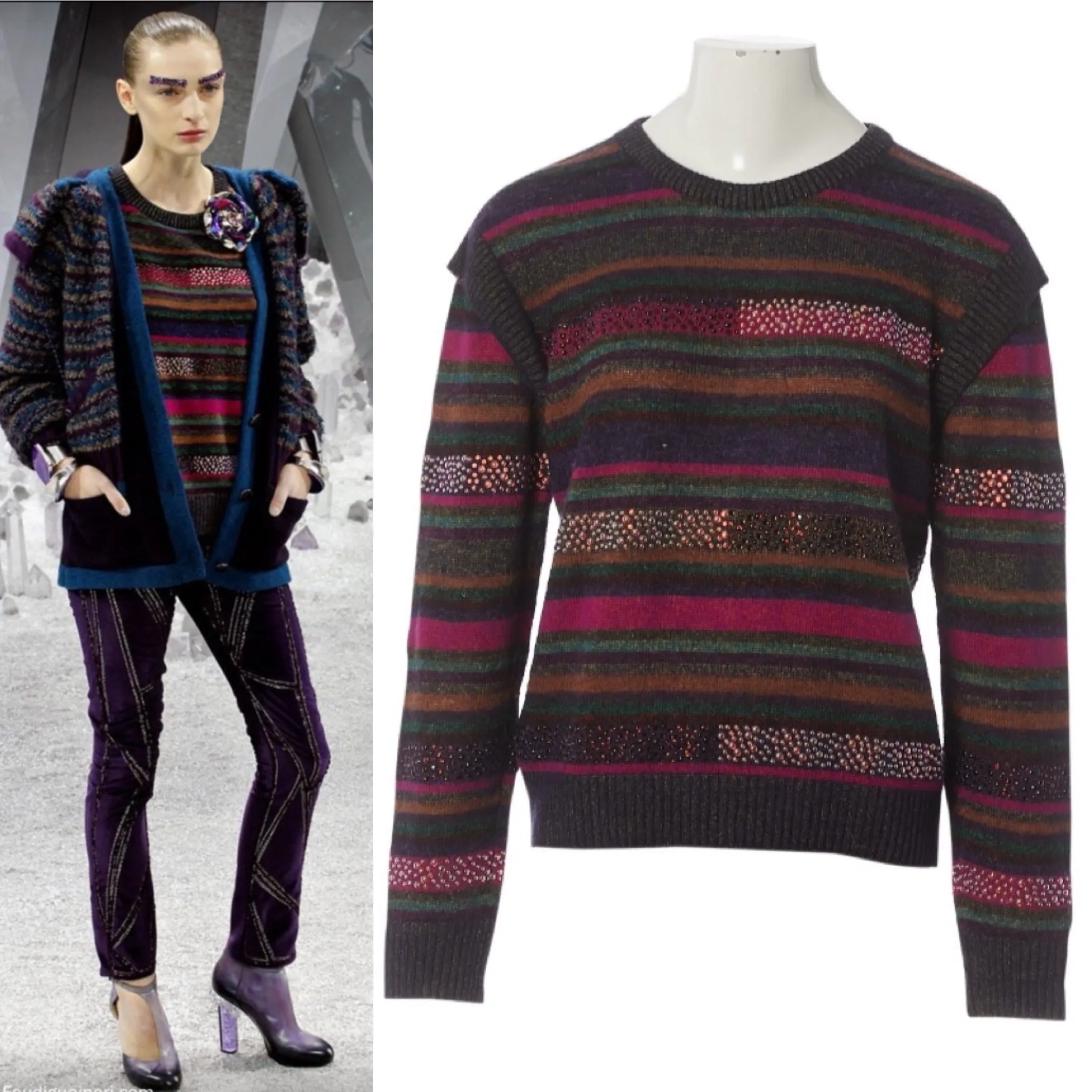 Chanel 12A RTW striped multicolor beaded Strass wool oversized pullover jumper sweater FR 38