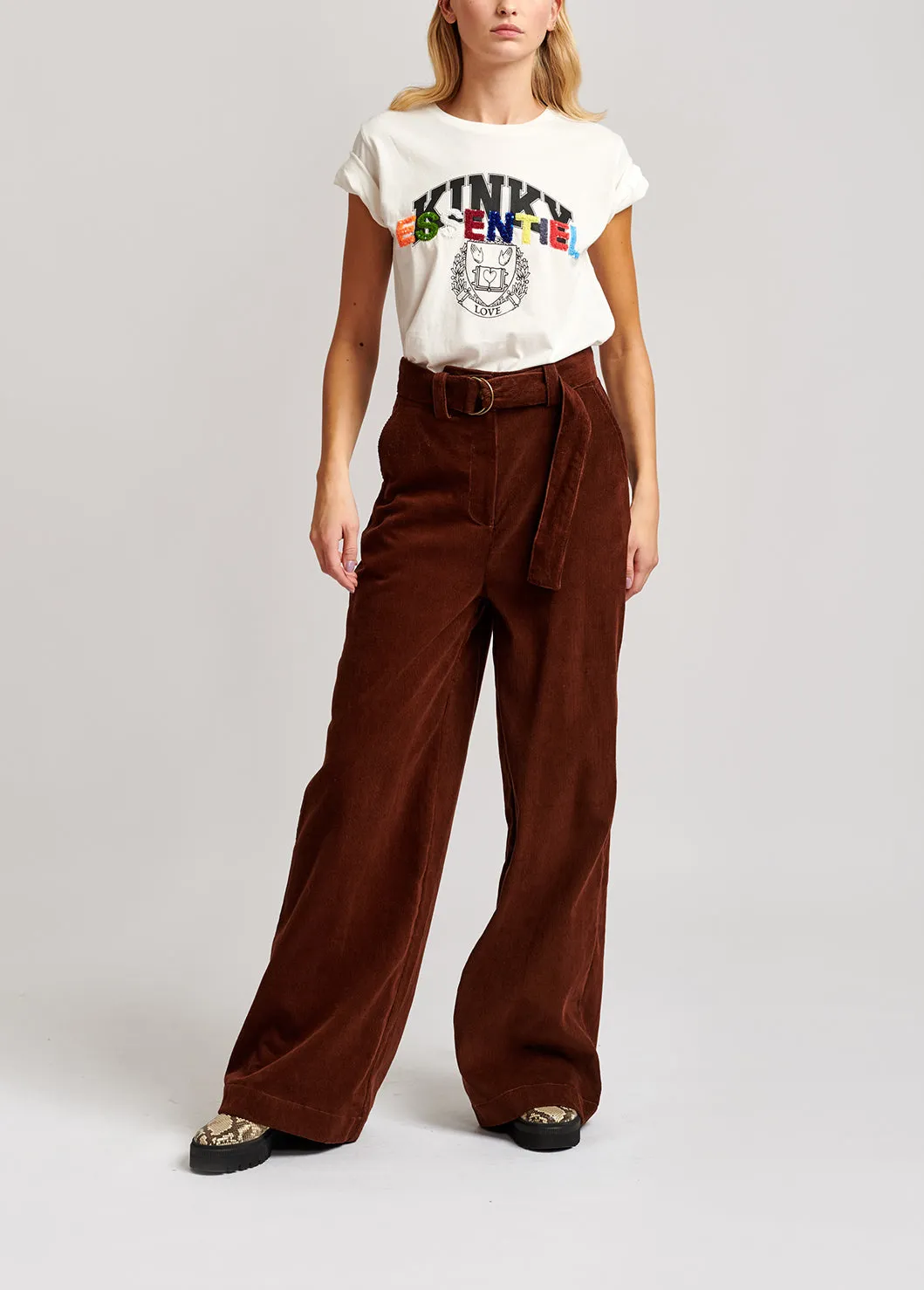 Chestnut brown cotton-corduroy belted pants