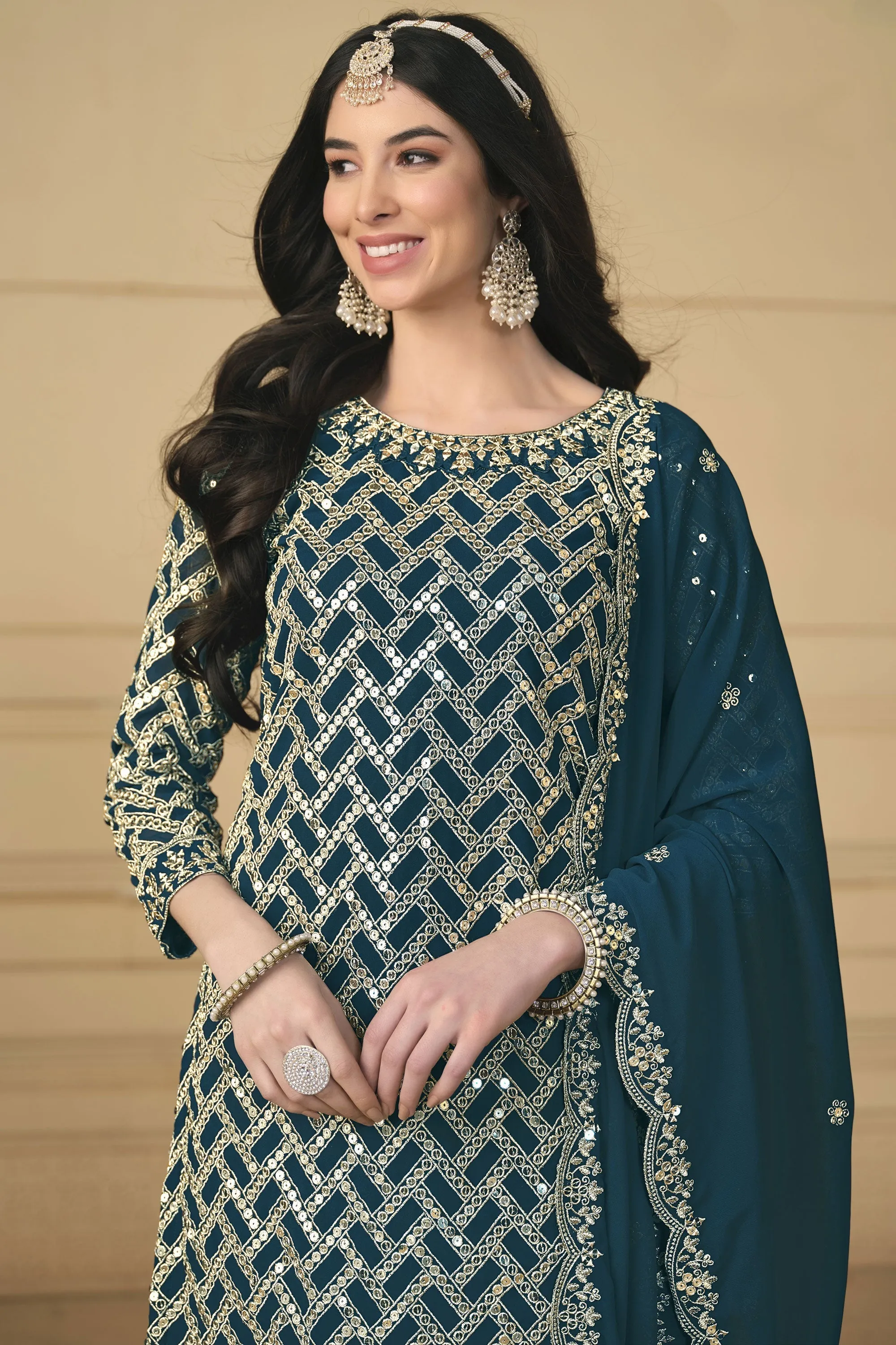 Classic Teal Color Festival Wear Palazzo Suit In Georgette Fabric