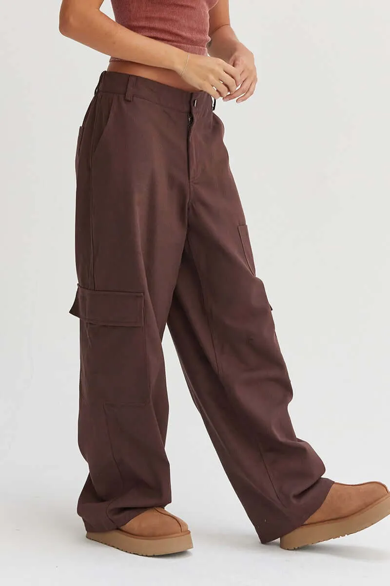 Dark Brown Elastic Waist Wide-Leg Cargo Pants