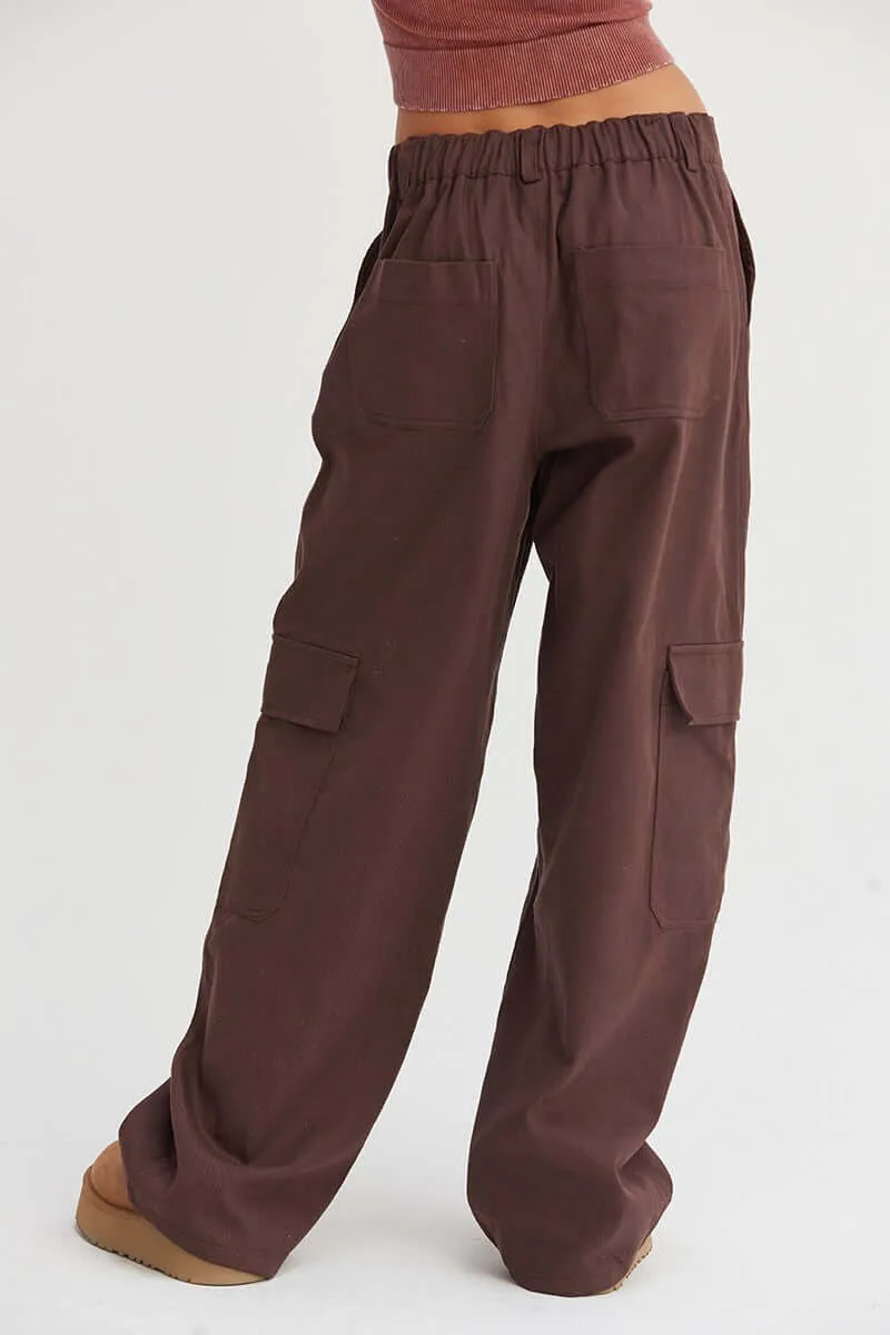 Dark Brown Elastic Waist Wide-Leg Cargo Pants