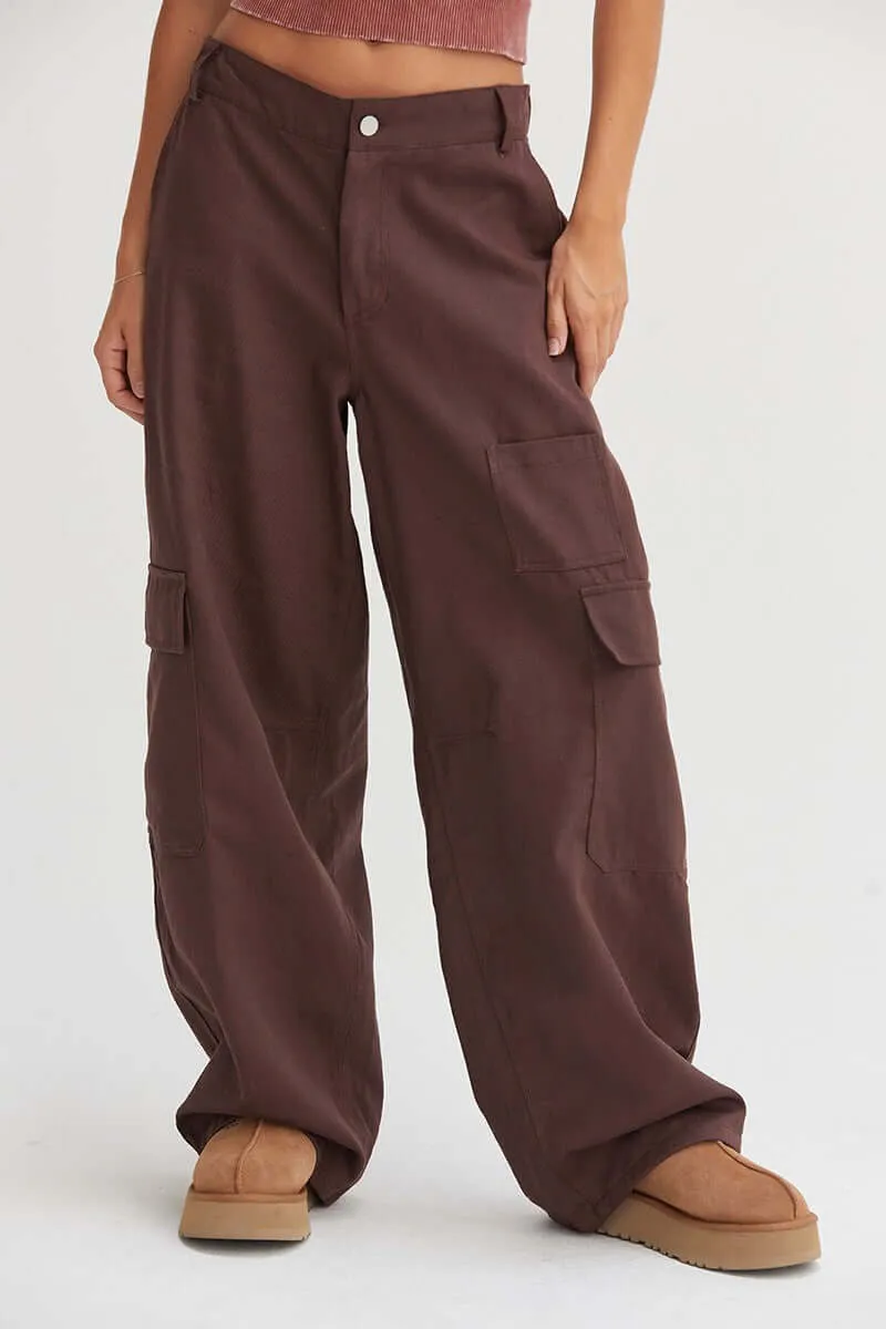 Dark Brown Elastic Waist Wide-Leg Cargo Pants