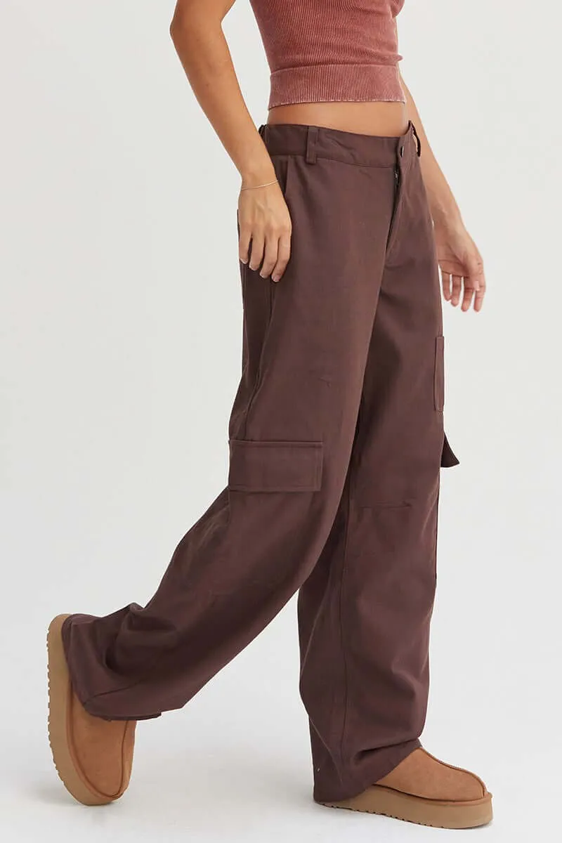 Dark Brown Elastic Waist Wide-Leg Cargo Pants