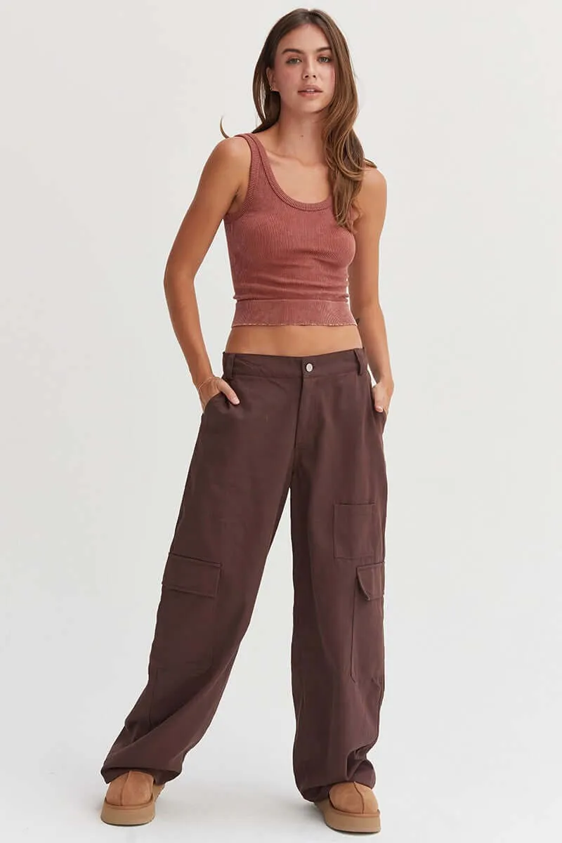 Dark Brown Elastic Waist Wide-Leg Cargo Pants