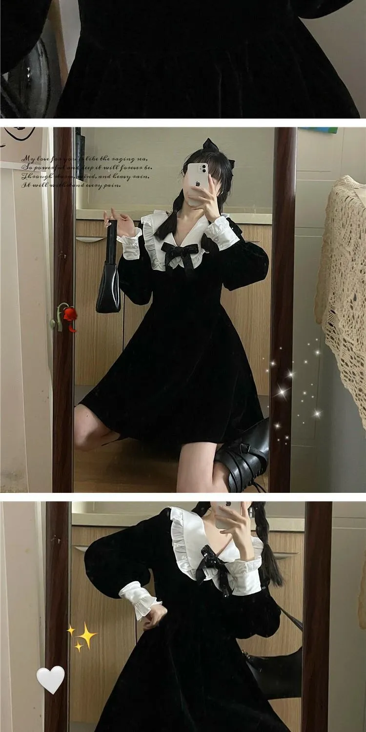 deanwangkt Kawaii Bow Dress Women Japanese Preppy Style Long Sleeve Mini Dresses Black Goth Vintage Lolita Outfits Sweet Streetwear