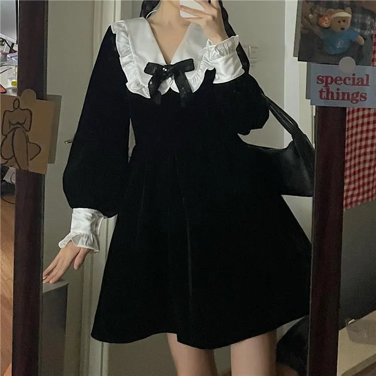 deanwangkt Kawaii Bow Dress Women Japanese Preppy Style Long Sleeve Mini Dresses Black Goth Vintage Lolita Outfits Sweet Streetwear