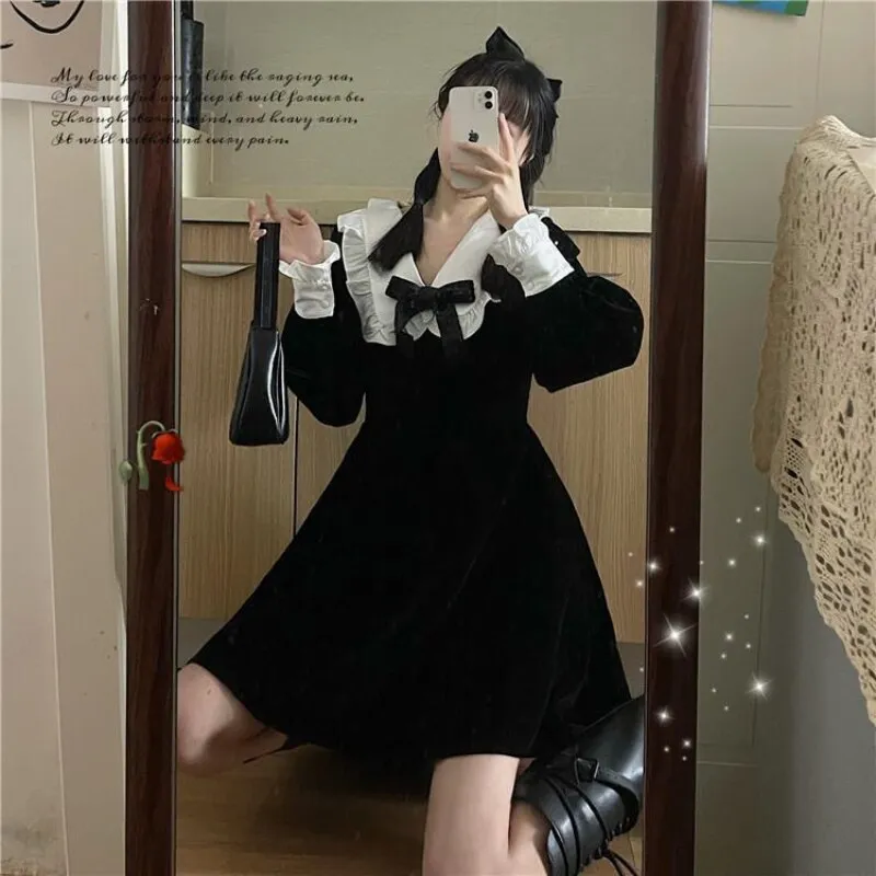 deanwangkt Kawaii Bow Dress Women Japanese Preppy Style Long Sleeve Mini Dresses Black Goth Vintage Lolita Outfits Sweet Streetwear