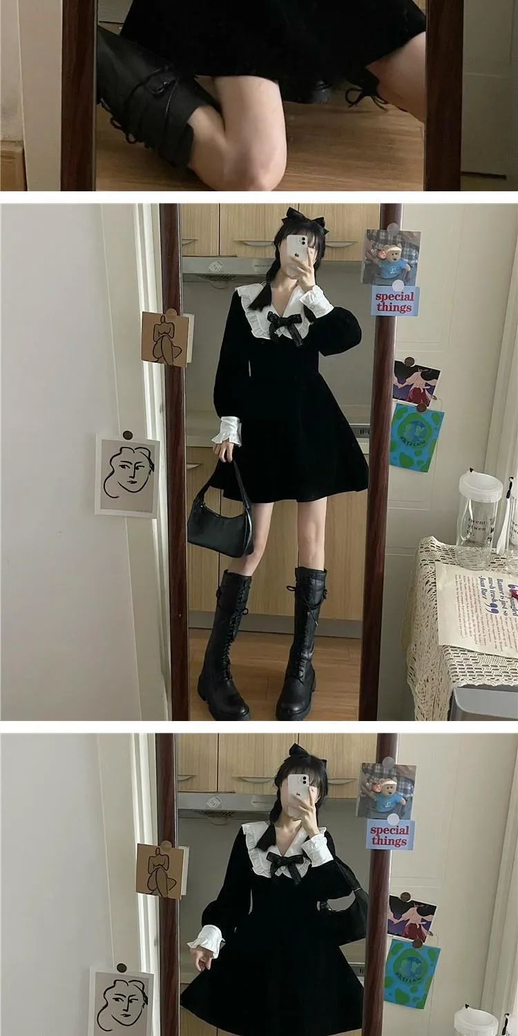 deanwangkt Kawaii Bow Dress Women Japanese Preppy Style Long Sleeve Mini Dresses Black Goth Vintage Lolita Outfits Sweet Streetwear