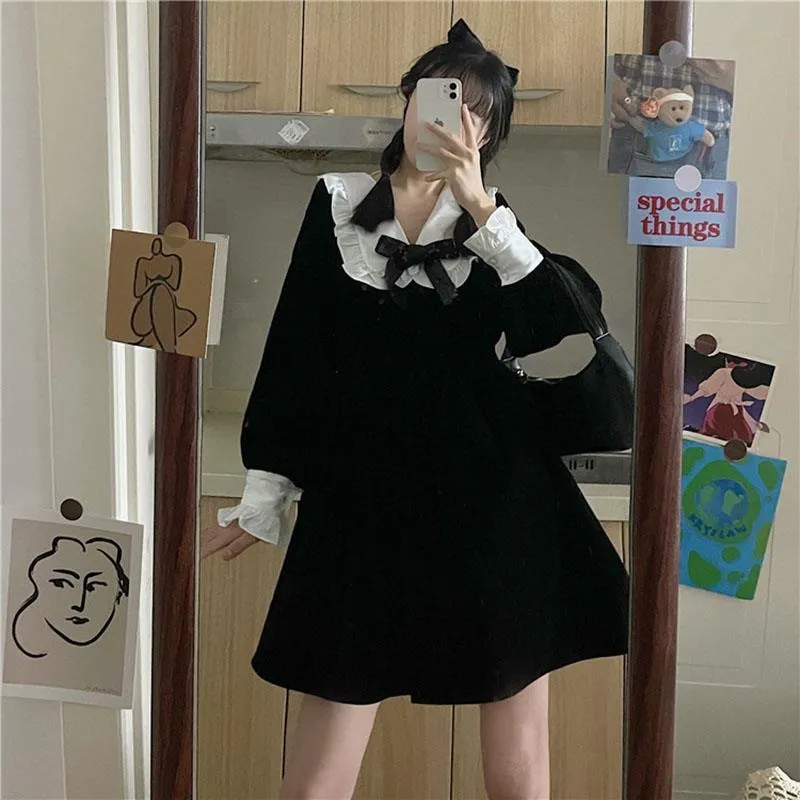 deanwangkt Kawaii Bow Dress Women Japanese Preppy Style Long Sleeve Mini Dresses Black Goth Vintage Lolita Outfits Sweet Streetwear