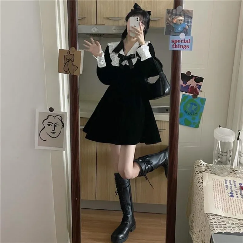 deanwangkt Kawaii Bow Dress Women Japanese Preppy Style Long Sleeve Mini Dresses Black Goth Vintage Lolita Outfits Sweet Streetwear
