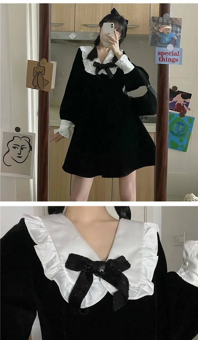 deanwangkt Kawaii Bow Dress Women Japanese Preppy Style Long Sleeve Mini Dresses Black Goth Vintage Lolita Outfits Sweet Streetwear