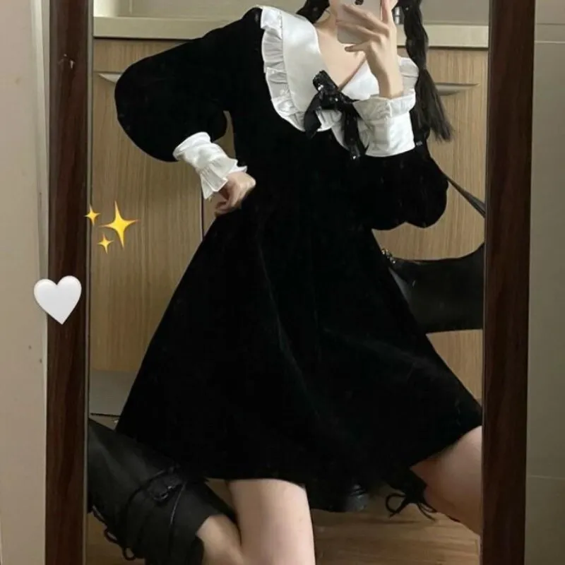 deanwangkt Kawaii Bow Dress Women Japanese Preppy Style Long Sleeve Mini Dresses Black Goth Vintage Lolita Outfits Sweet Streetwear
