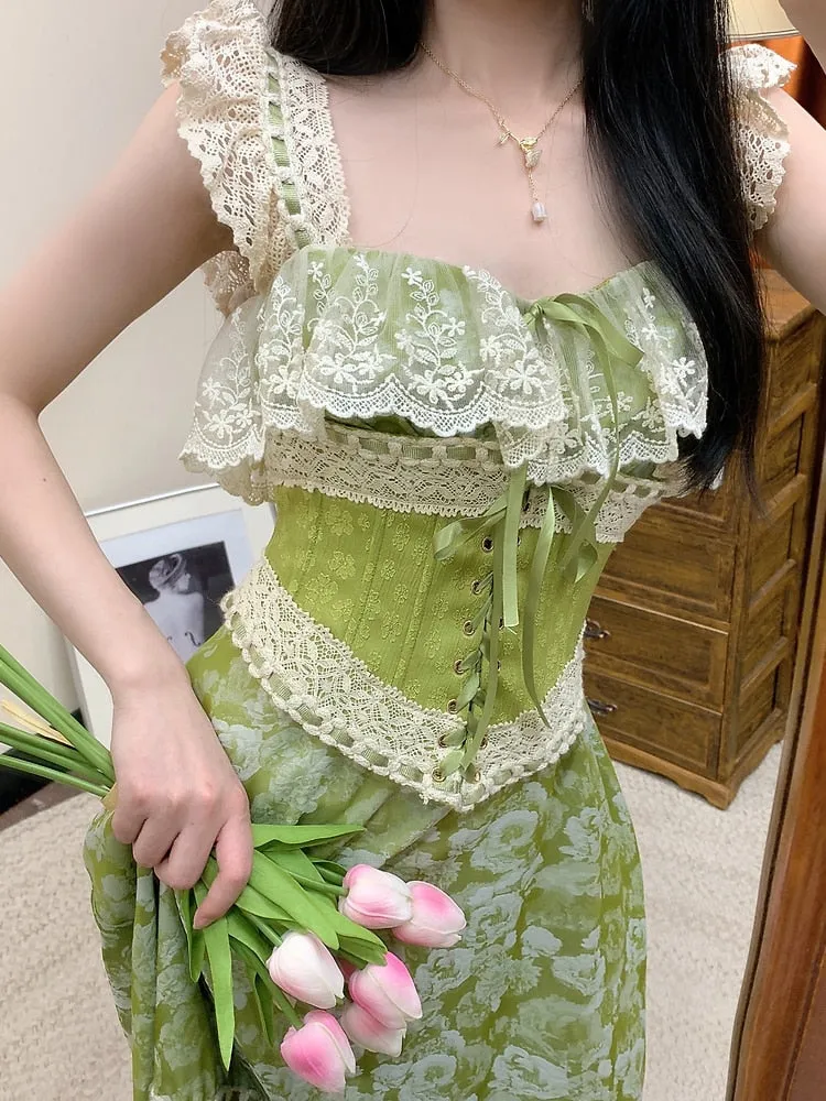 deanwangkt Pink Elegant Elegant Party Midi Dresses Women Lace France Vintage Strap Fairy Dress Flower Retro Korean Style Dress Summer