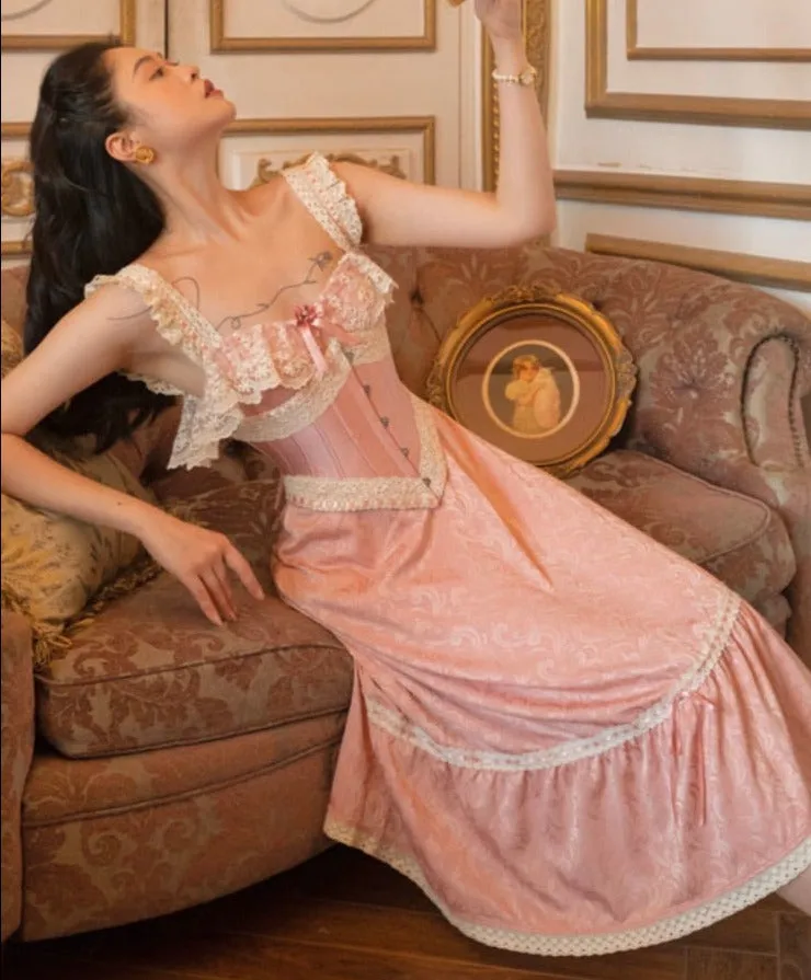 deanwangkt Pink Elegant Elegant Party Midi Dresses Women Lace France Vintage Strap Fairy Dress Flower Retro Korean Style Dress Summer