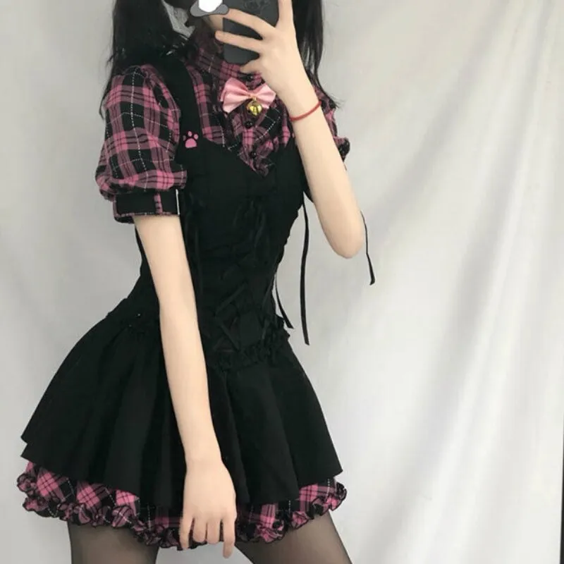 deanwangkt  Summer Dress Women Kawaii Plaid Lolita Dresses Sweet Pink Patchwork Bow Y2k Sundress Sexy Fashion Short Sleeve Robe