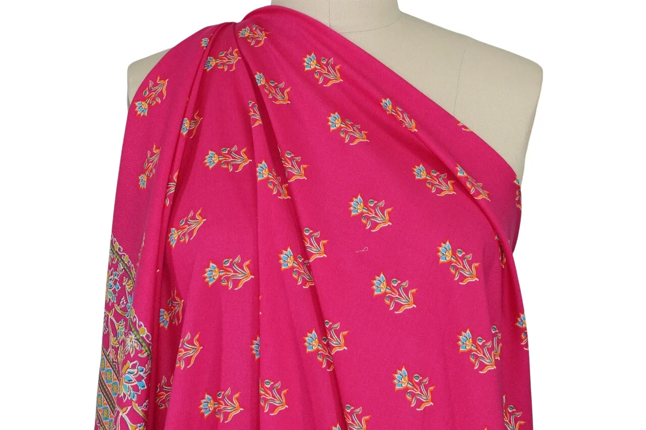 Double Floral Border Print Rayon Challis - Orange/Blues on Barbie Pink