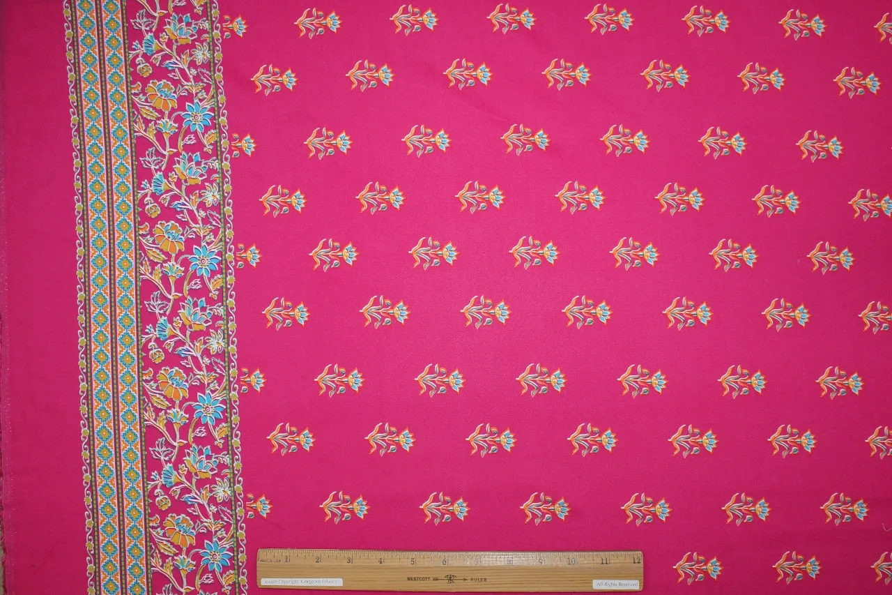 Double Floral Border Print Rayon Challis - Orange/Blues on Barbie Pink