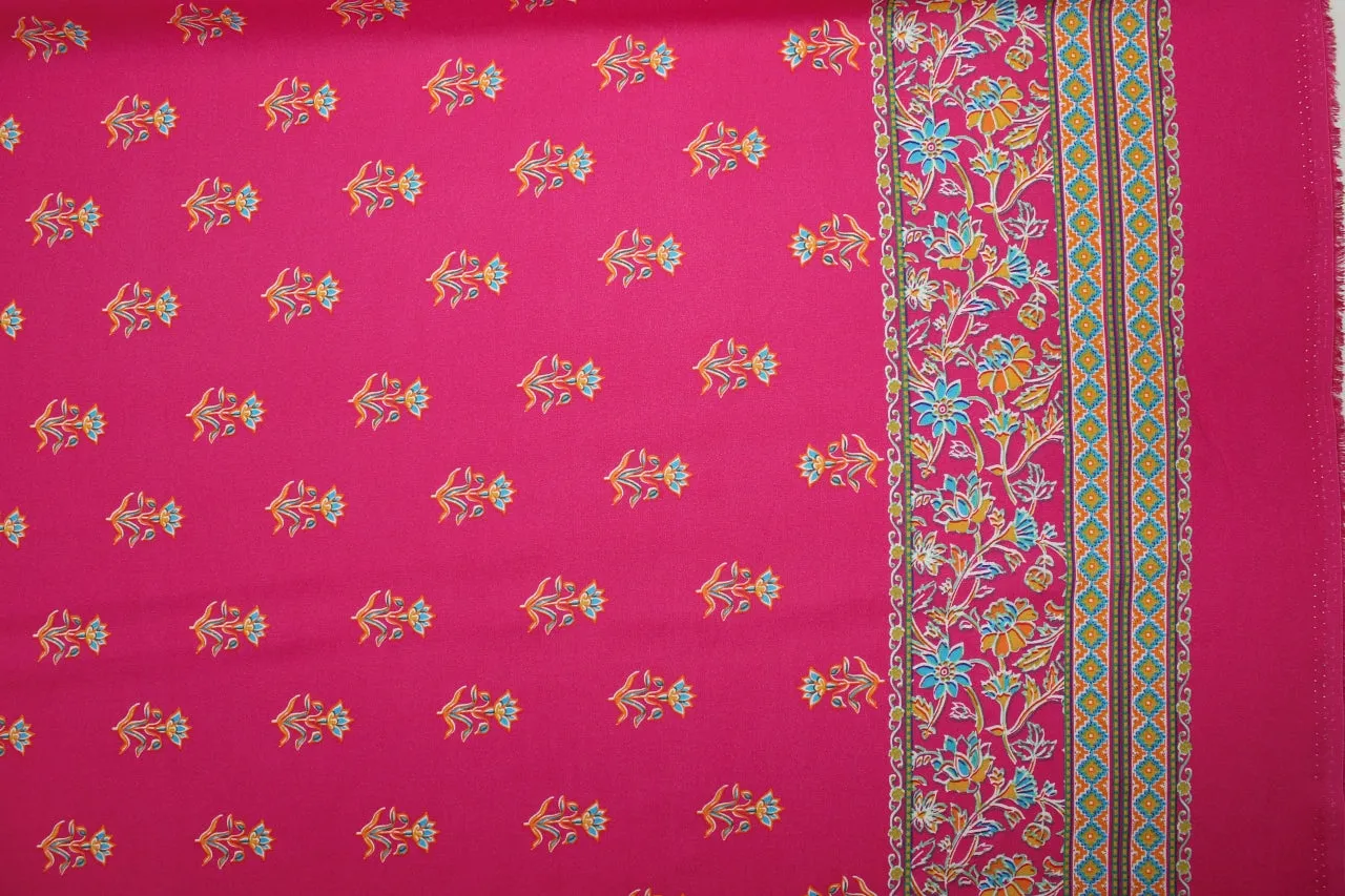 Double Floral Border Print Rayon Challis - Orange/Blues on Barbie Pink