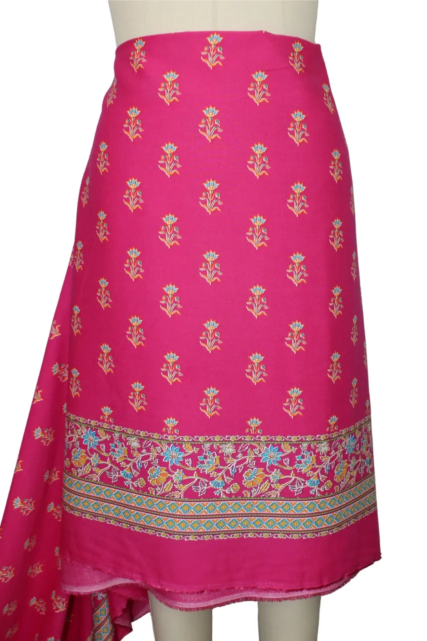 Double Floral Border Print Rayon Challis - Orange/Blues on Barbie Pink