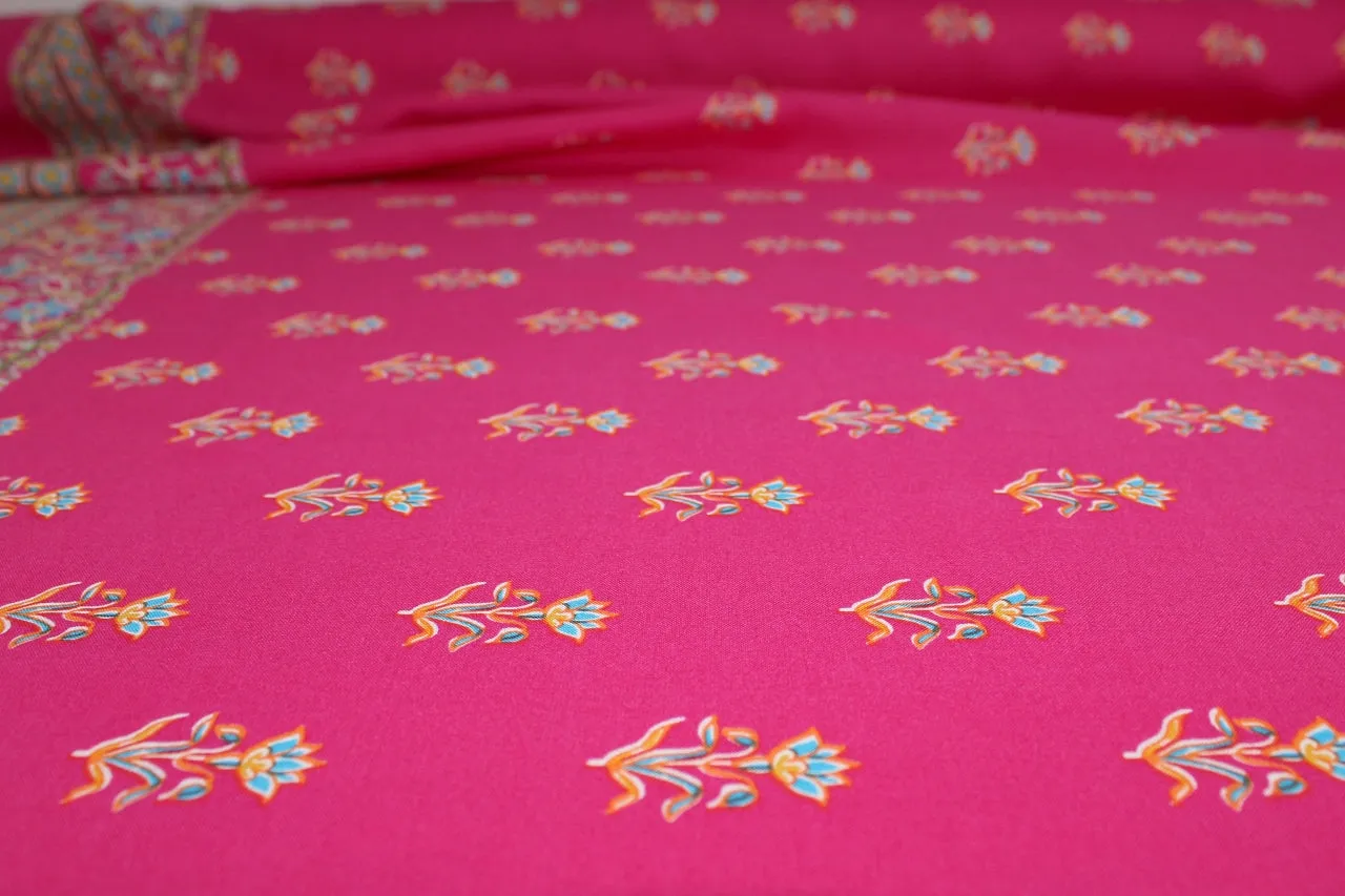 Double Floral Border Print Rayon Challis - Orange/Blues on Barbie Pink