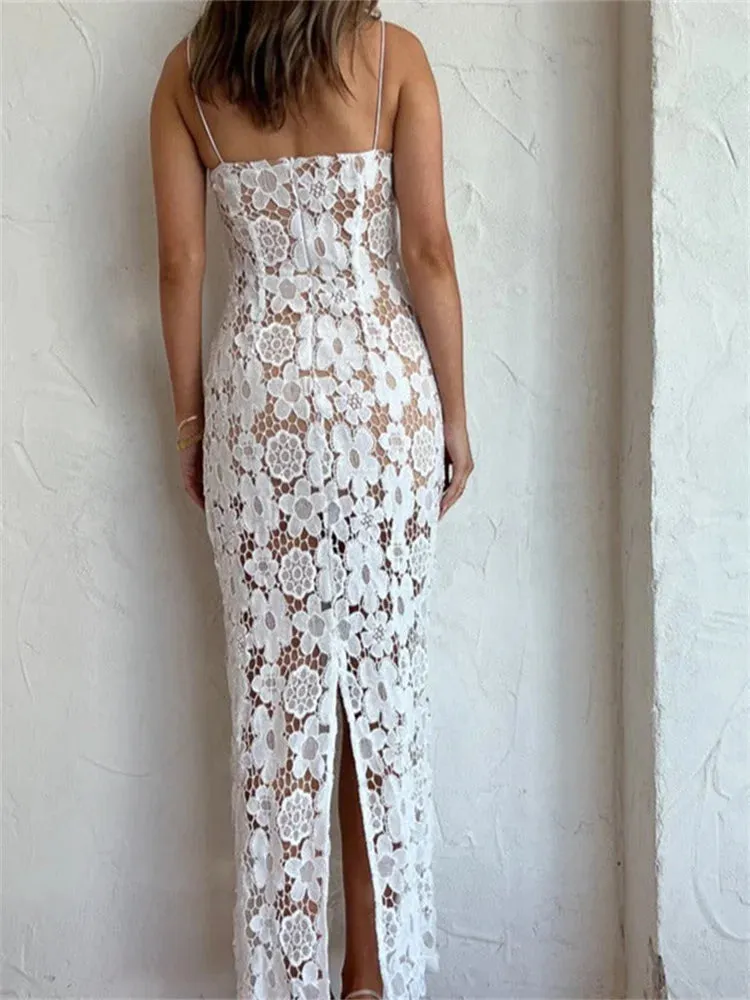 DressBetty - 2024 Elegant Lace Flower Hollow Out Sleeveless Maxi Dress