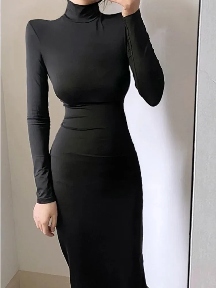 DressBetty - 2024 Korean Women Slim Stand Collar Black Maxi Dress