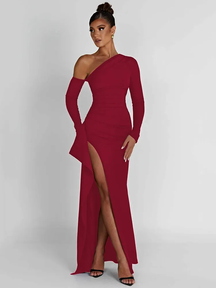 DressBetty - 2024 Mozision Oblique Shoulder Thigh High Split Long Sleeve Maxi Dress