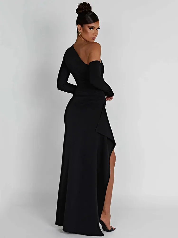 DressBetty - 2024 Mozision Oblique Shoulder Thigh High Split Long Sleeve Maxi Dress