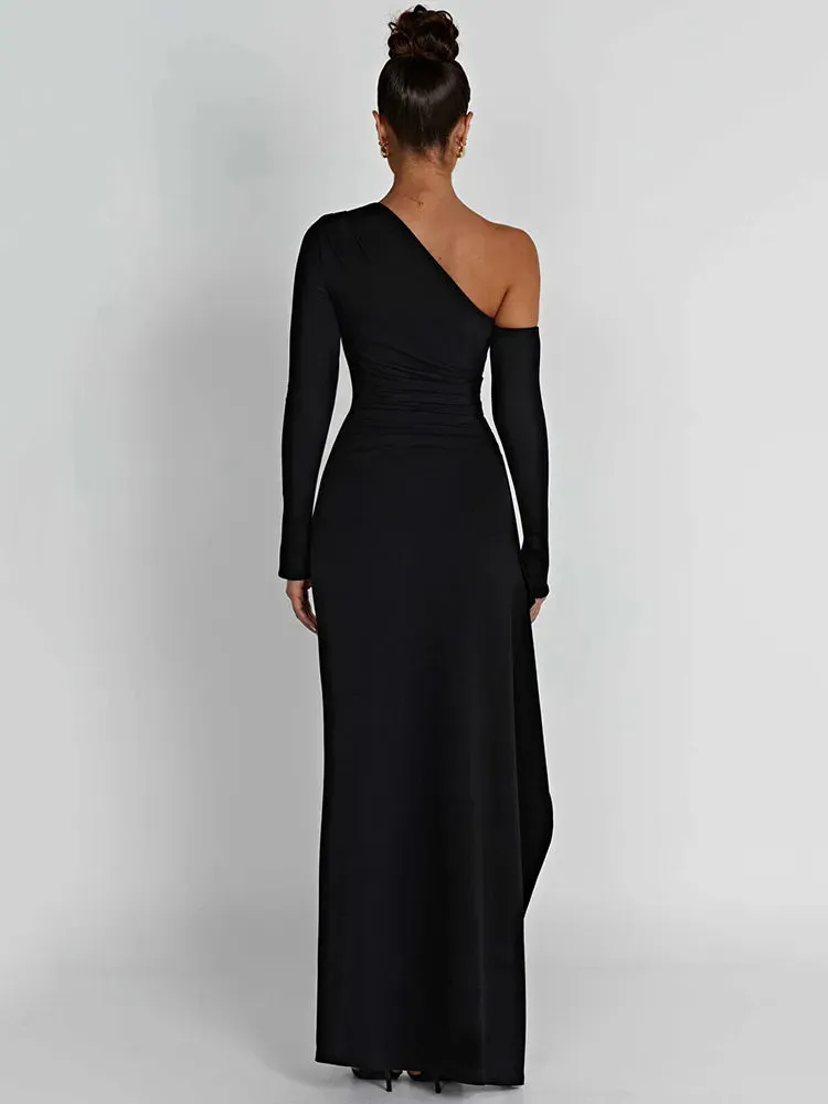 DressBetty - 2024 Mozision Oblique Shoulder Thigh High Split Long Sleeve Maxi Dress