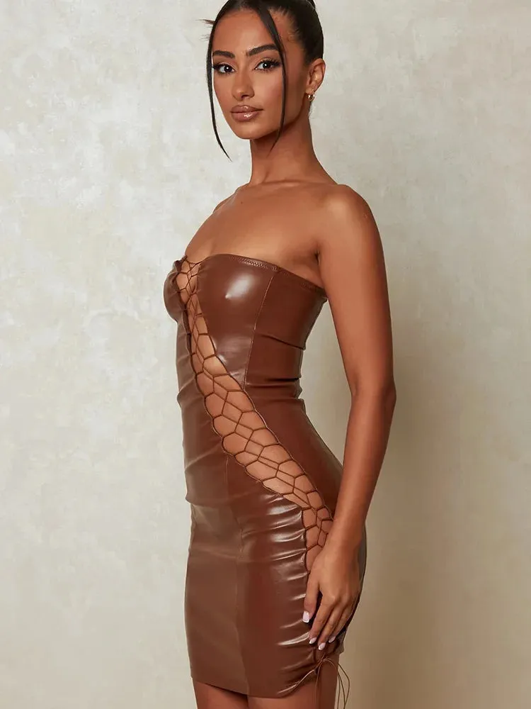 DressBetty - 2024 PU Leather Strapless Sleeveless Mini Dress Cut Out Dresses