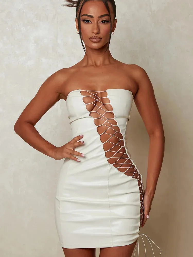 DressBetty - 2024 PU Leather Strapless Sleeveless Mini Dress Cut Out Dresses