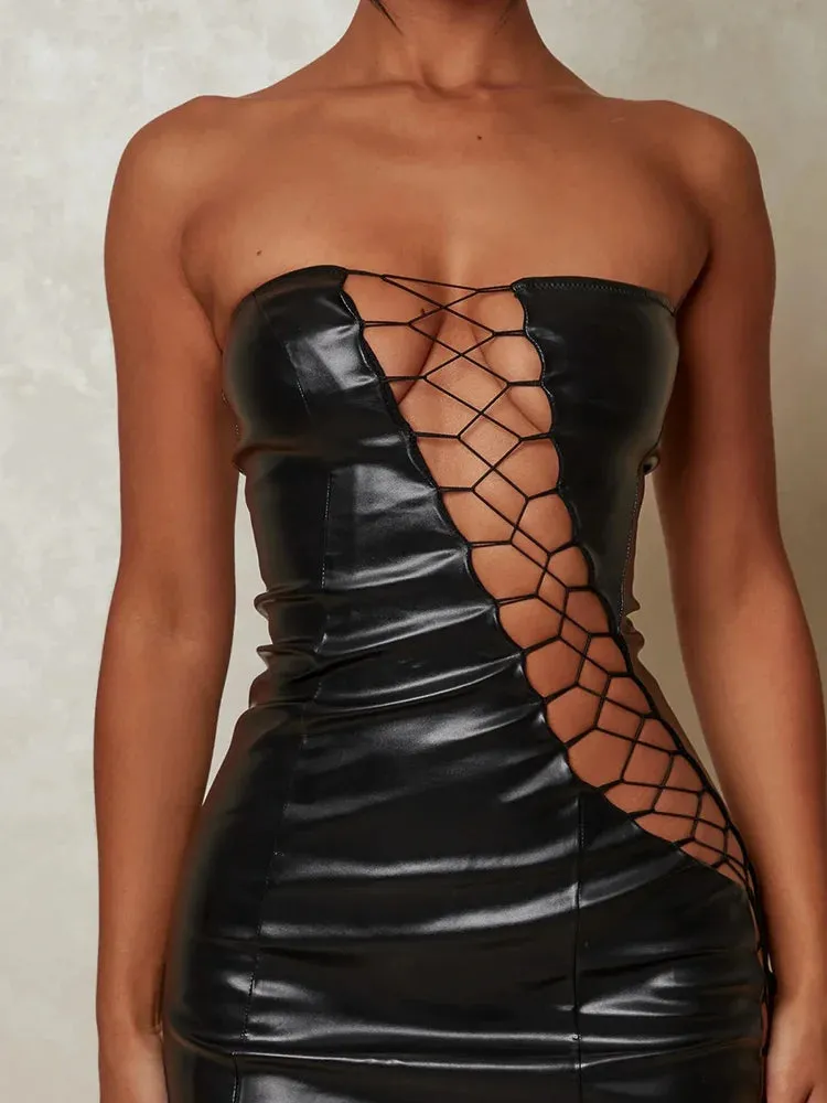 DressBetty - 2024 PU Leather Strapless Sleeveless Mini Dress Cut Out Dresses