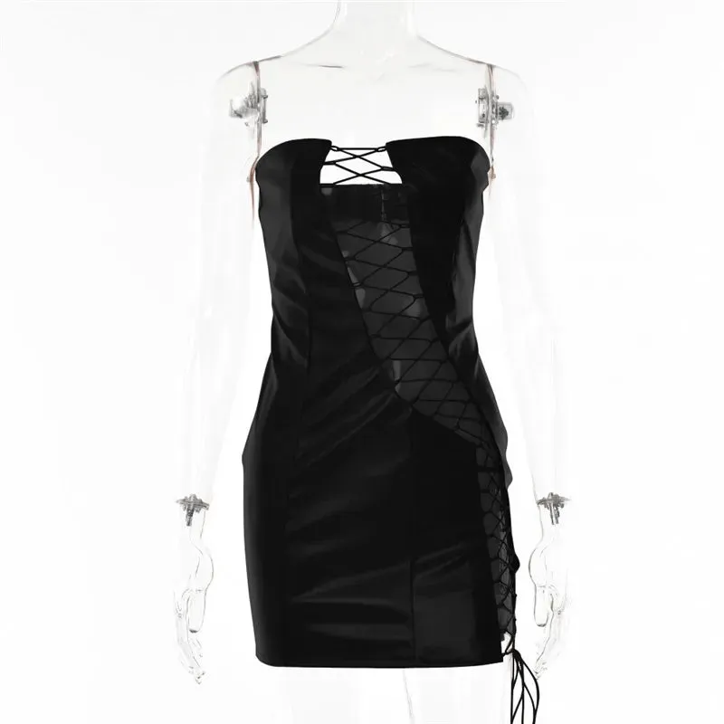 DressBetty - 2024 PU Leather Strapless Sleeveless Mini Dress Cut Out Dresses