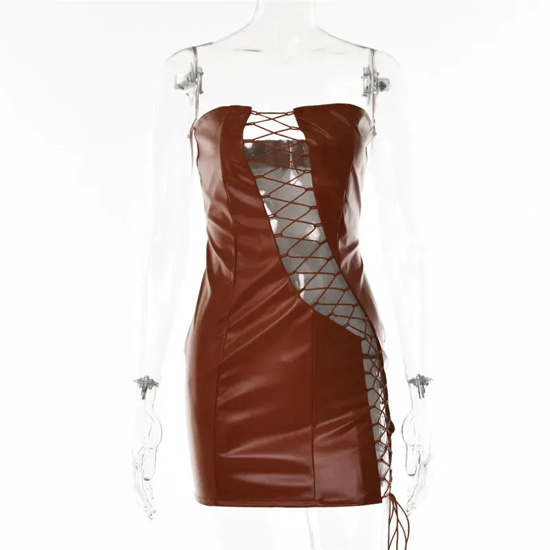 DressBetty - 2024 PU Leather Strapless Sleeveless Mini Dress Cut Out Dresses