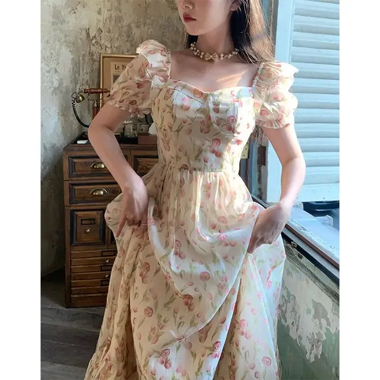 DressBetty - 2024 Short Sleeve Floral Print Holiday Korean Female Floral Dress