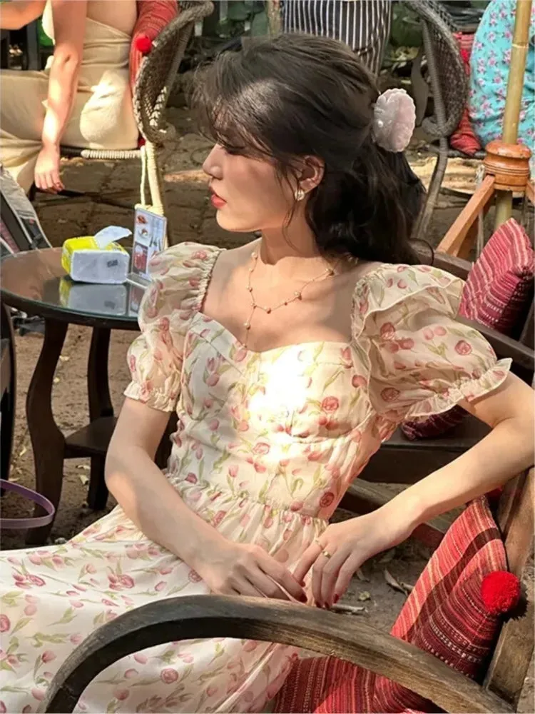 DressBetty - 2024 Short Sleeve Floral Print Holiday Korean Female Floral Dress