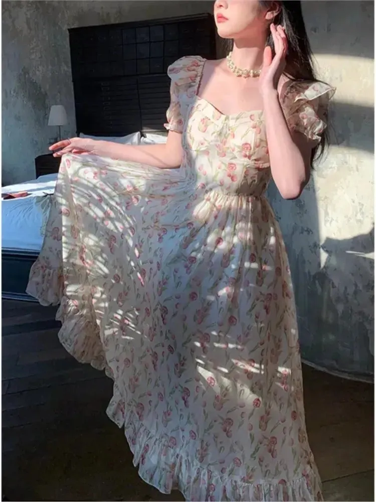 DressBetty - 2024 Short Sleeve Floral Print Holiday Korean Female Floral Dress