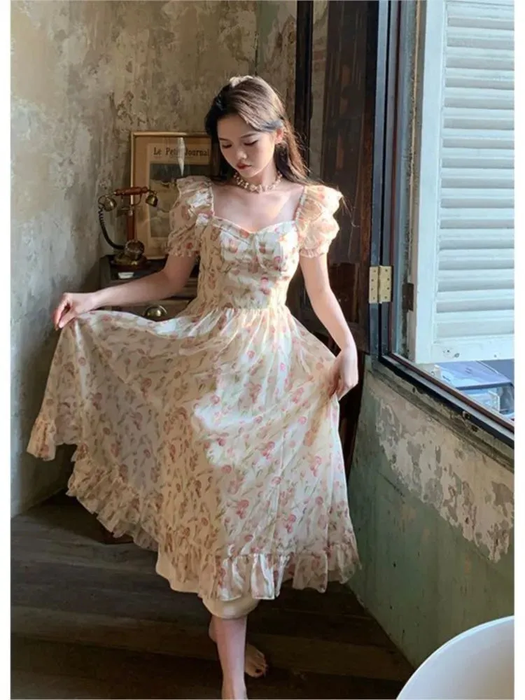 DressBetty - 2024 Short Sleeve Floral Print Holiday Korean Female Floral Dress
