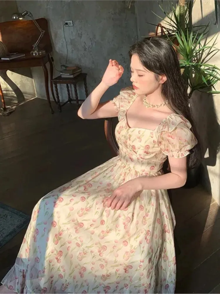DressBetty - 2024 Short Sleeve Floral Print Holiday Korean Female Floral Dress
