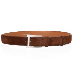DURET Paris Chestnut Suede Calf Leather Belt with Silver Alpha Buckle 37" 95cm
