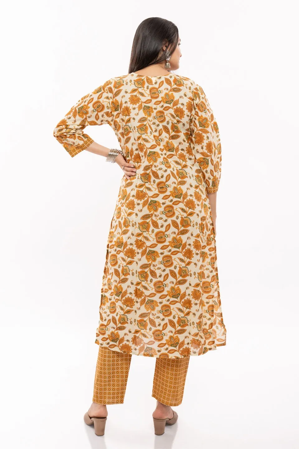 Ekisha's women cotton printed mustard multicolor kurta and pant set