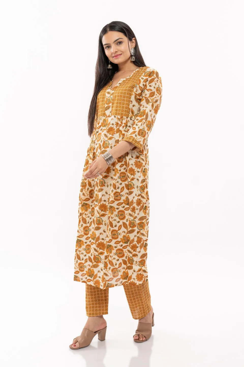 Ekisha's women cotton printed mustard multicolor kurta and pant set