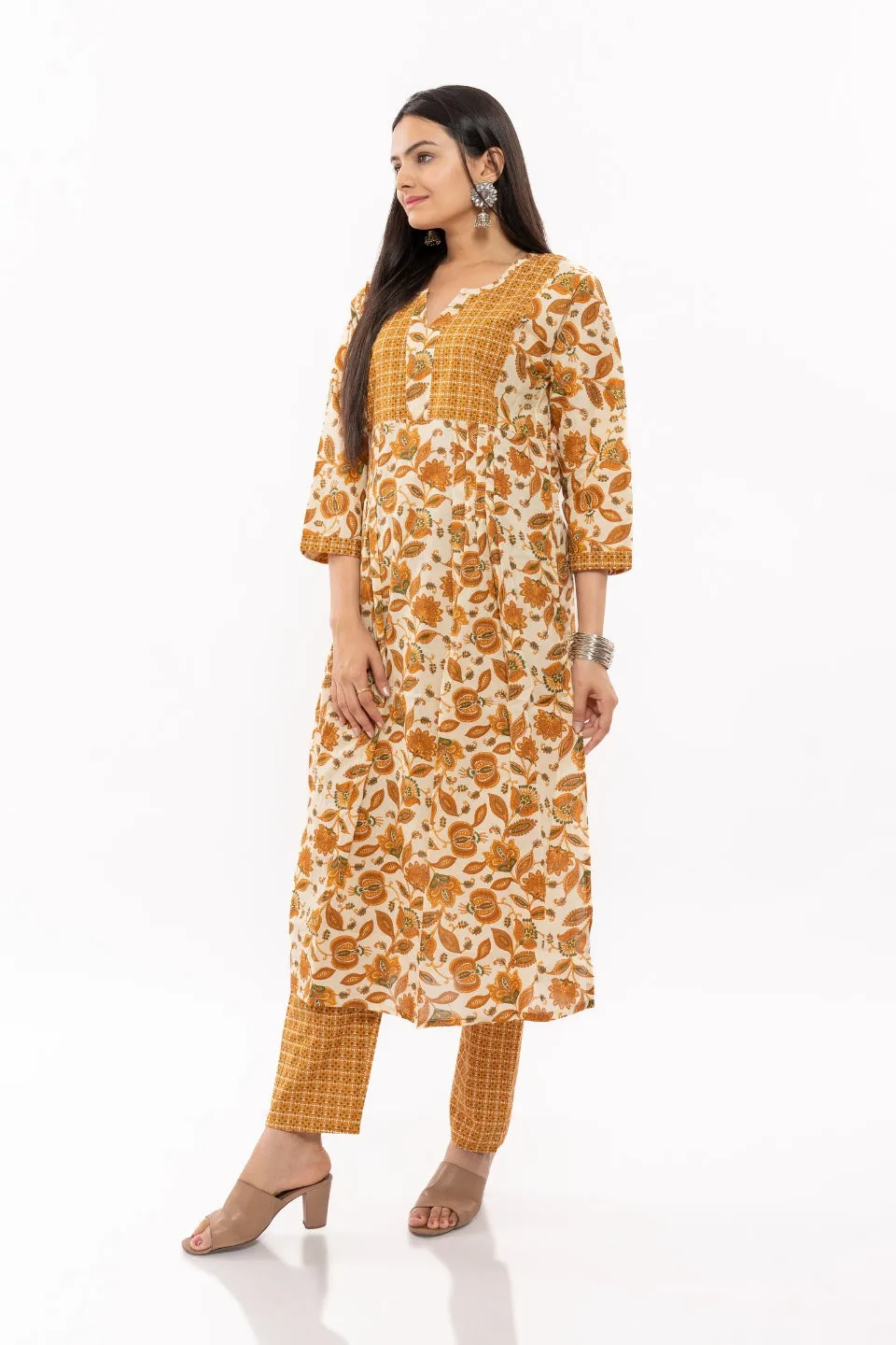 Ekisha's women cotton printed mustard multicolor kurta and pant set