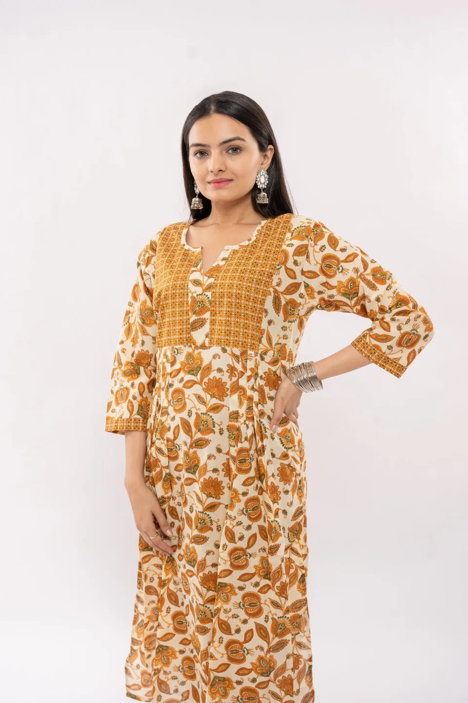 Ekisha's women cotton printed mustard multicolor kurta and pant set