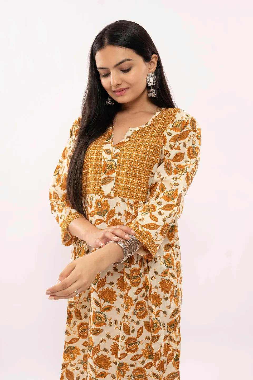 Ekisha's women cotton printed mustard multicolor kurta and pant set