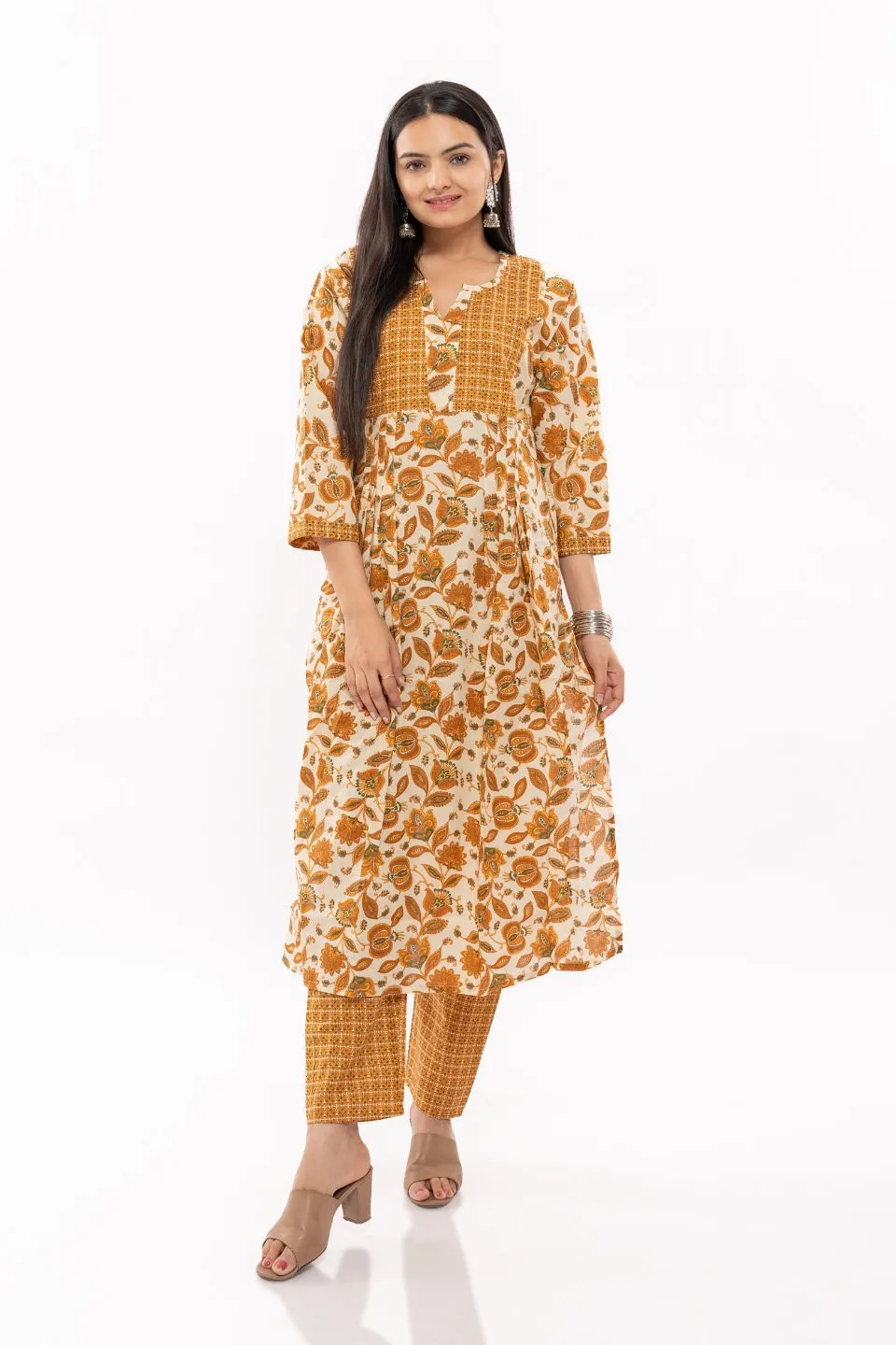 Ekisha's women cotton printed mustard multicolor kurta and pant set