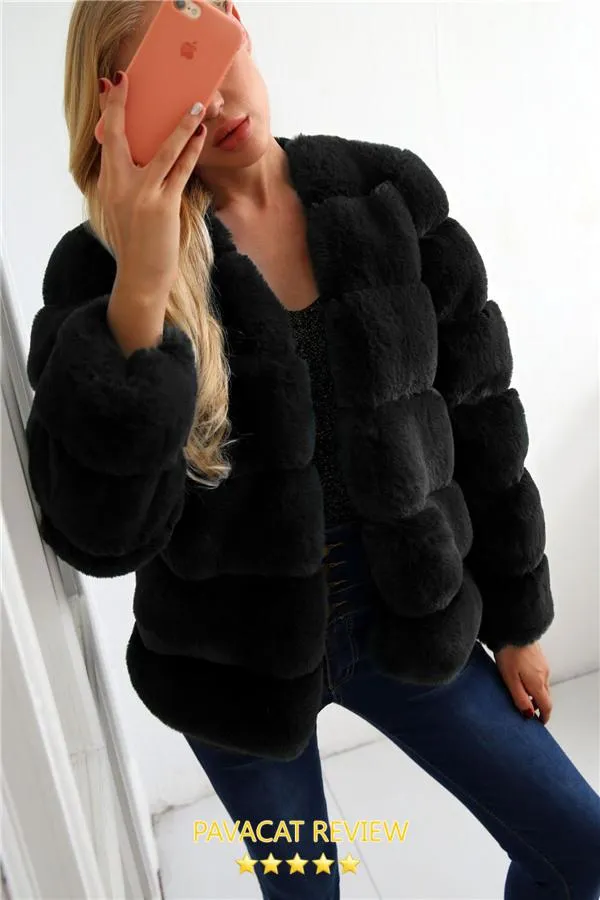 elveswallet Elegant Thick Fluffy Faux Fur Coat