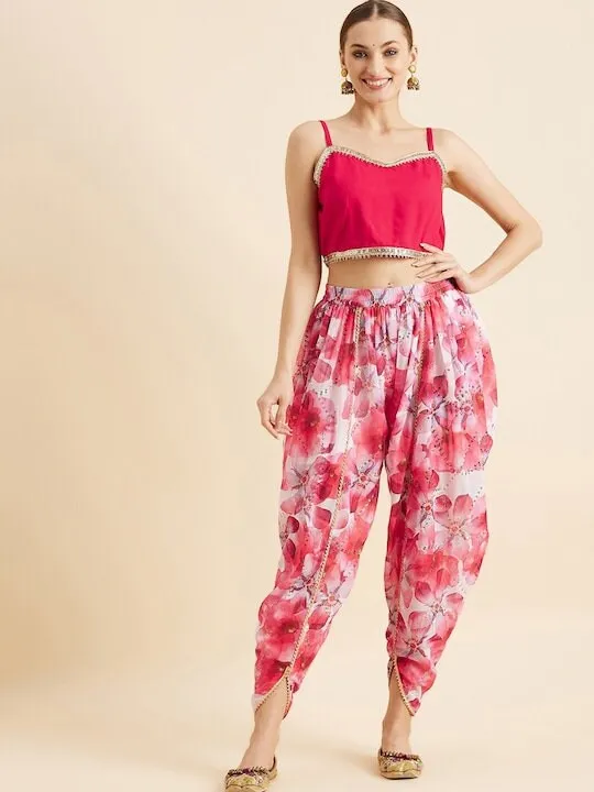 Floral Printed Crop Top With Dhoti Pants & Shrug Ethnic Co ords