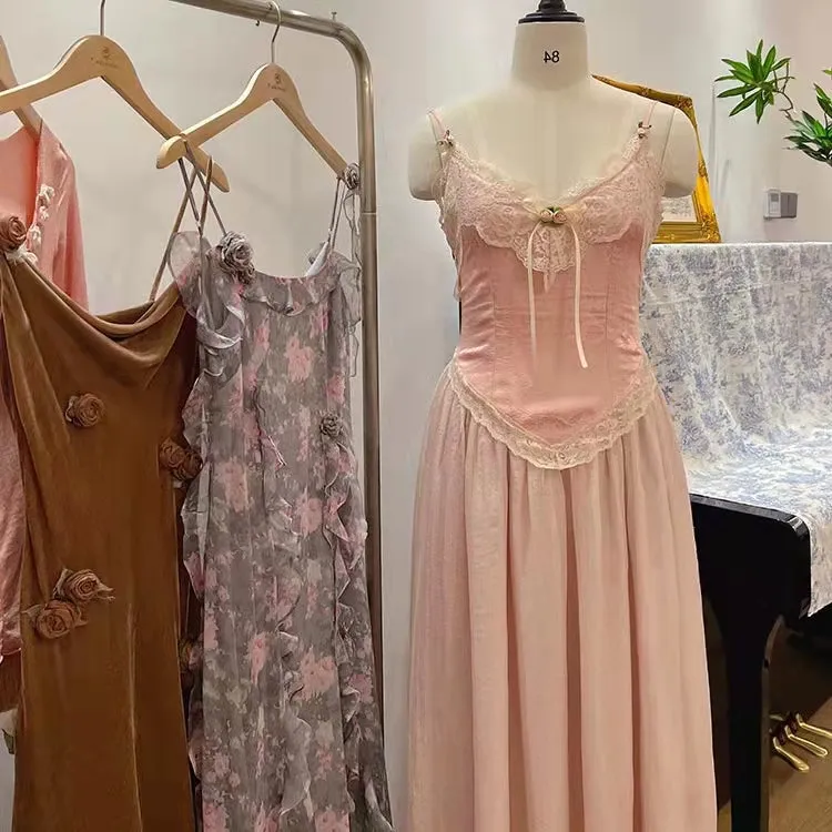 Floral Vintage Elegant Strap Dress Women Lace France Sexy Evening Party Long Dresses Pink Sweet Princess Fairy Dress Summer