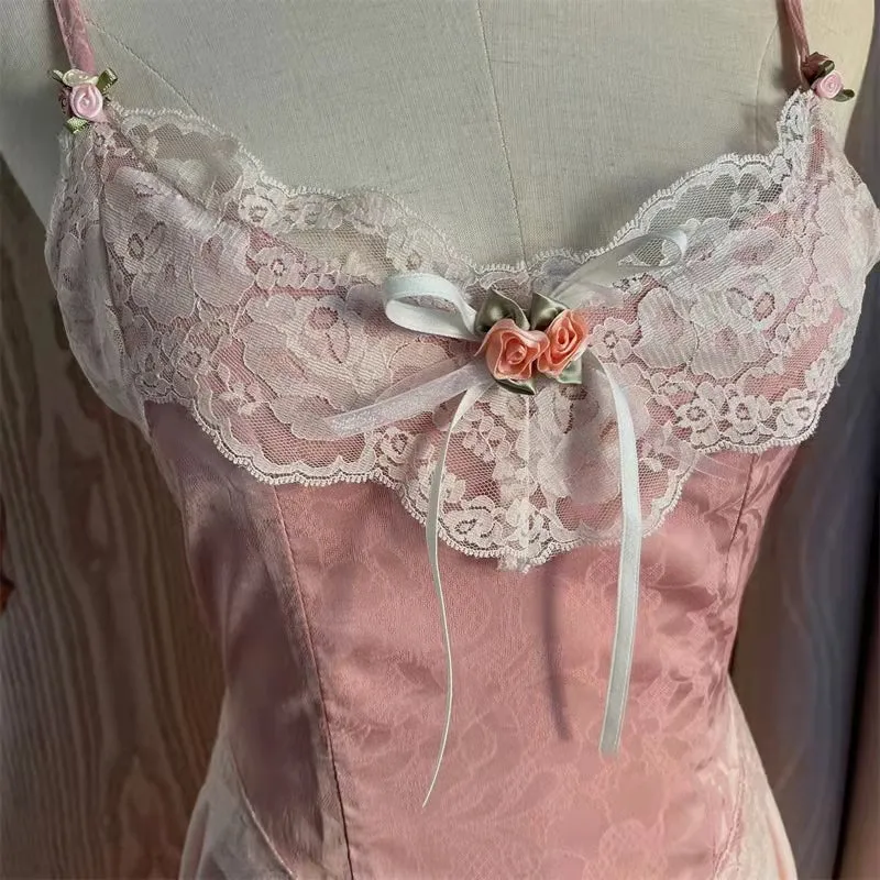 Floral Vintage Elegant Strap Dress Women Lace France Sexy Evening Party Long Dresses Pink Sweet Princess Fairy Dress Summer